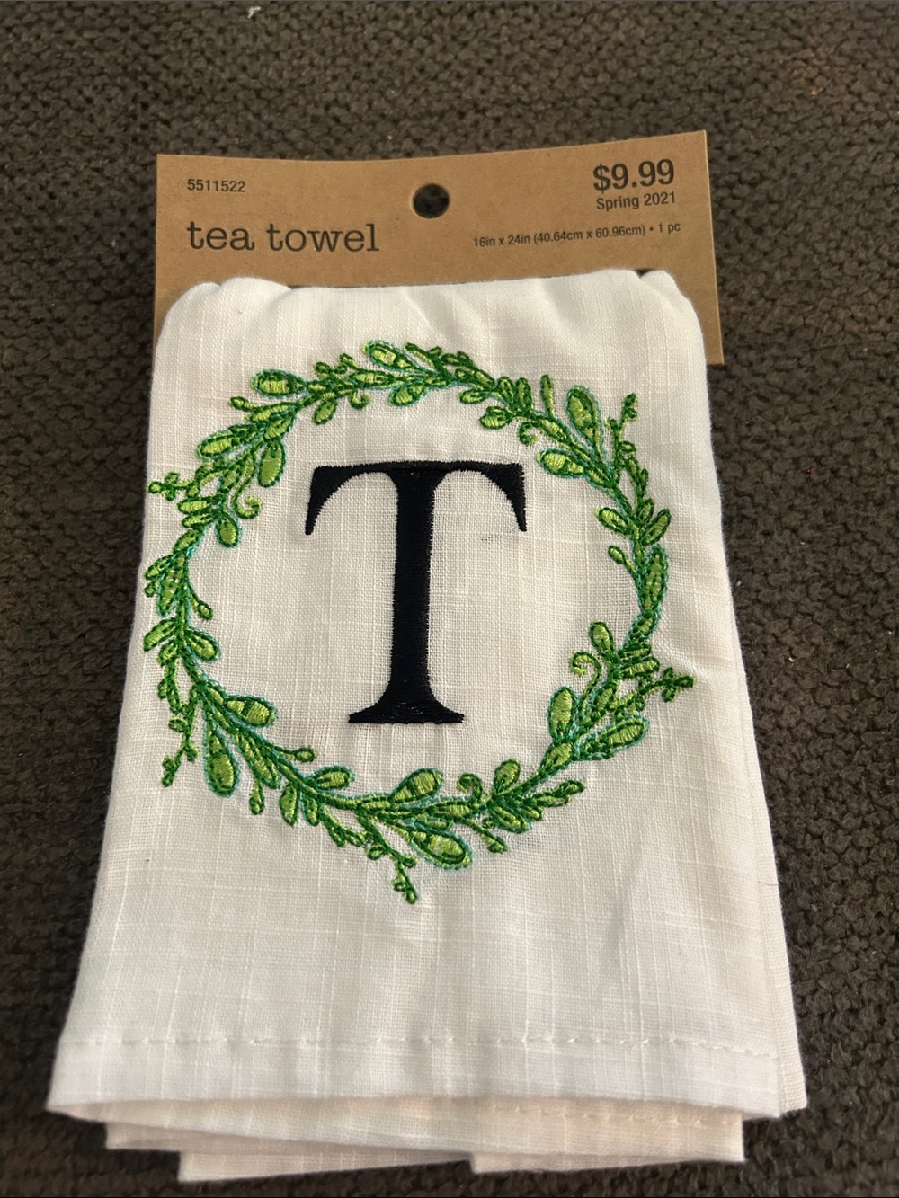 Tea Towel with Green Wreath and Black Monogram T